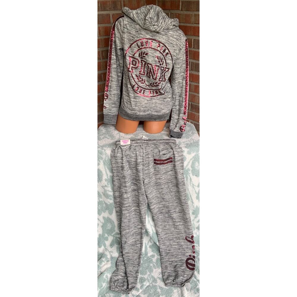 Victorias Secret PINK Zip Hoodie & Campus Pant Sequin Bling sz M/S Marled Gray - Picture 1 of 3